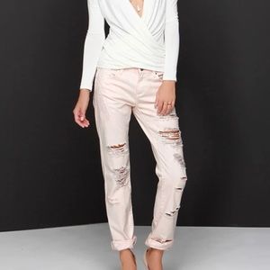 Blank NYC Ditz Distressed Pale Pink Boyfriend Jeans Cotton
